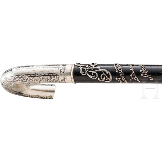 A Russian silver- and niello-mounted wooden working cane, Kiev, 1908-17
