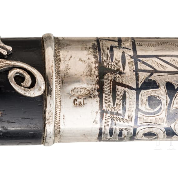 A Russian silver- and niello-mounted wooden working cane, Kiev, 1908-17