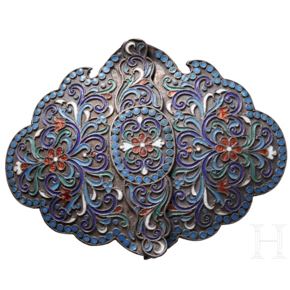 A Russian silver and cloisonn&eacute;-enamel buckle belt, Moscow, Semen Kazkov, 1908 - 1917