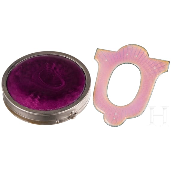 A silver and guilloche enamel miniature photo frame and a plated pill box, circa 1920