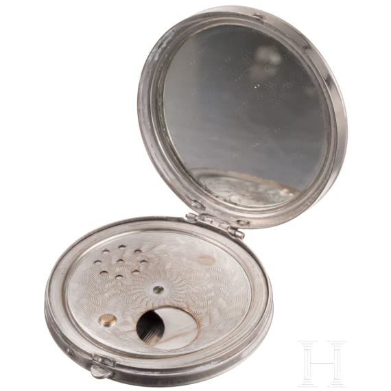 A silver and guilloche enamel miniature photo frame and a plated pill box, circa 1920