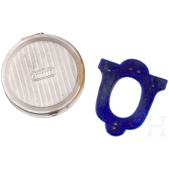 A silver and guilloche enamel miniature photo frame and a plated pill box, circa 1920