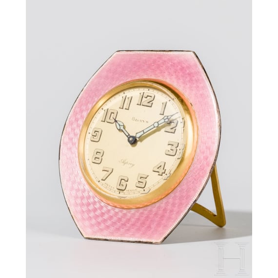 A silver and guilloch&eacute; enamel table clock, Arthur Barnett & Co. Ltd., 1926