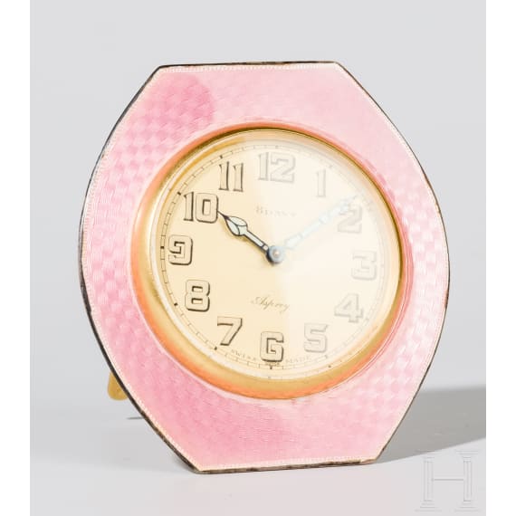A silver and guilloch&eacute; enamel table clock, Arthur Barnett & Co. Ltd., 1926