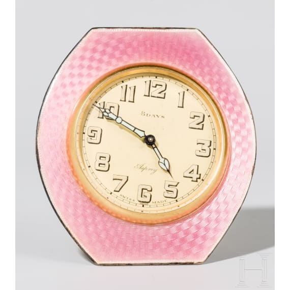 A silver and guilloch&eacute; enamel table clock, Arthur Barnett & Co. Ltd., 1926