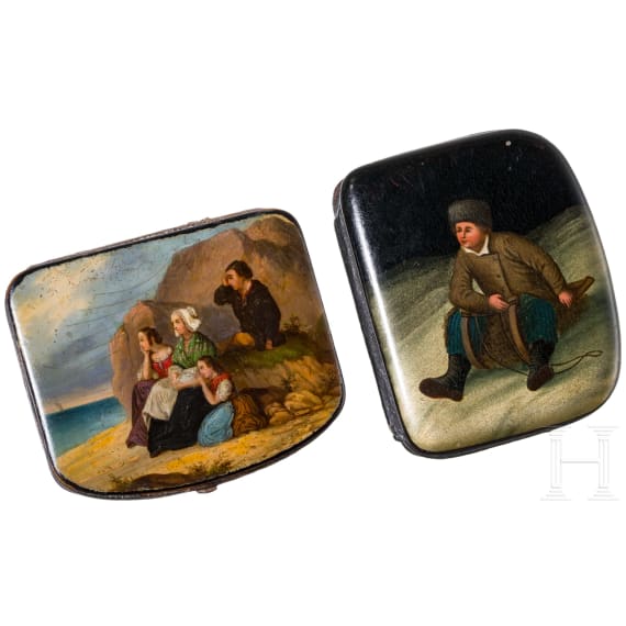 Two papiermach&eacute; and lacquer wallets, Russia, 19th century, probably Ostashkovo, Osip Vishyakov and Sons factory