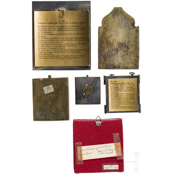 Five brass icons and a plated four-field-icon on wood panel, Russia, most 20th century