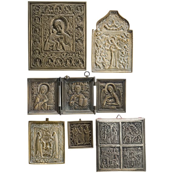 Five brass icons and a plated four-field-icon on wood panel, Russia, most 20th century