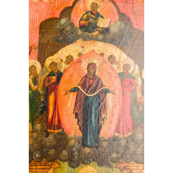 A large Russian icon showing the Pokrov Mother of God, 19th century