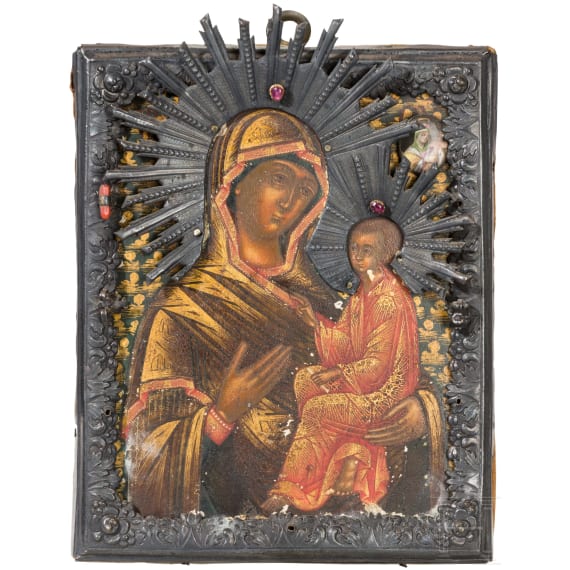 A small Russian icon showing the Tikhvinskaya Mother of God with silver basma, 19th century (icon), Odessa, 1857 (basma)