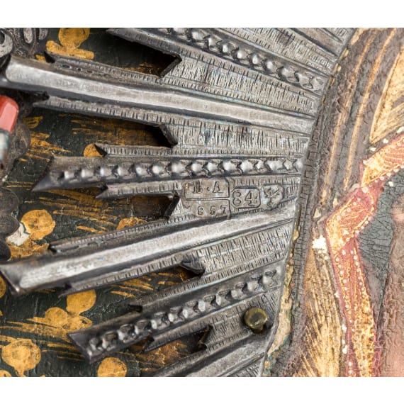 A small Russian icon showing the Tikhvinskaya Mother of God with silver basma, 19th century (icon), Odessa, 1857 (basma)