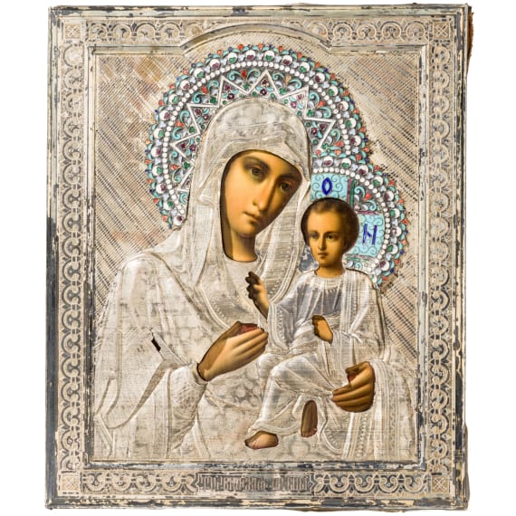 A Russian icon showing the Tikhvinskaya Mother of God with silver oklad with cloisonn&eacute;-enamel halos, circa 1900 (icon), St. Petersburg, Andrey Artamanov, 1899-1908 (oklad)