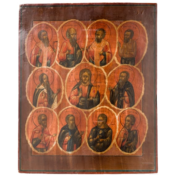 A large icon showing Christ surrounded by ten Saints, Russia, 19th century