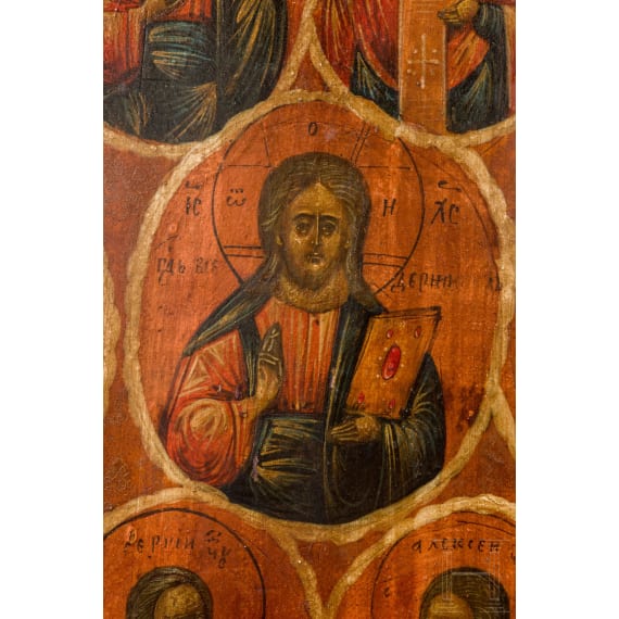 A large icon showing Christ surrounded by ten Saints, Russia, 19th century