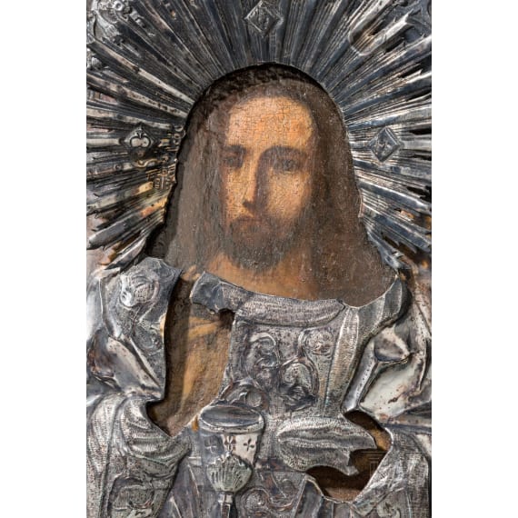 A small Russian icon showing Christ and the Eucharist with silver oklad, 19th century (icon), Moscow, 1858 (oklad)
