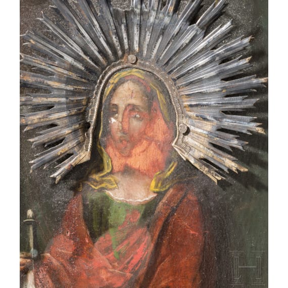 A Russian icon showing Saint Mary Magdalene with silver basma, Russia, 19th century (icon), Jaroslavl, Alexei Feodorov Kolotochin, 1847