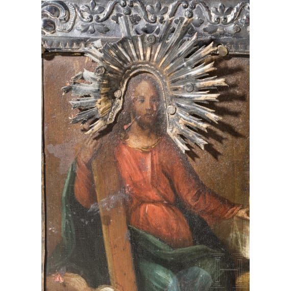 A Russian icon showing Saint Mary Magdalene with silver basma, Russia, 19th century (icon), Jaroslavl, Alexei Feodorov Kolotochin, 1847