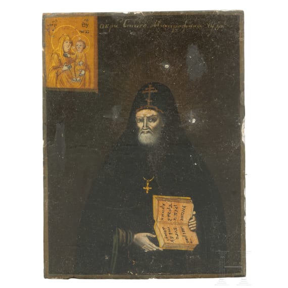 A small Russian icon showing Mitrophan of Voronezh with silver oklad, mid-19th century (icon), Tula, 1844 (oklad)