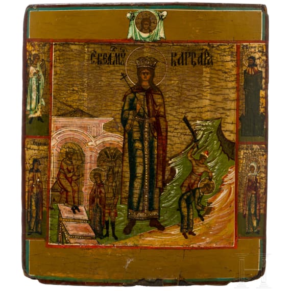 A Russian icon showing Saint Barbara and scenes from her life, 19th century