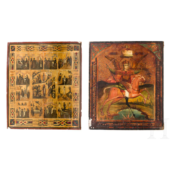 Two Russian icons: Archangel Michael - the Horseman of the Apocalypse. and a feast icon, circa 1900