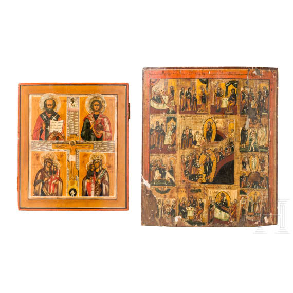 Two icons: a large feast icon and a four-partite icon with the Crucifixion and Saint Panteleimon, Russia, 19th century
