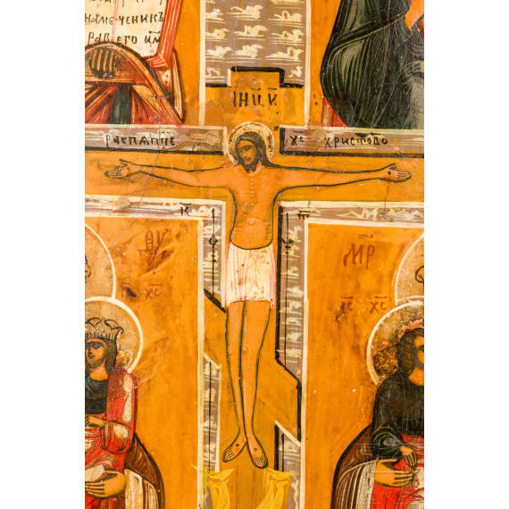 Two icons: a large feast icon and a four-partite icon with the Crucifixion and Saint Panteleimon, Russia, 19th century