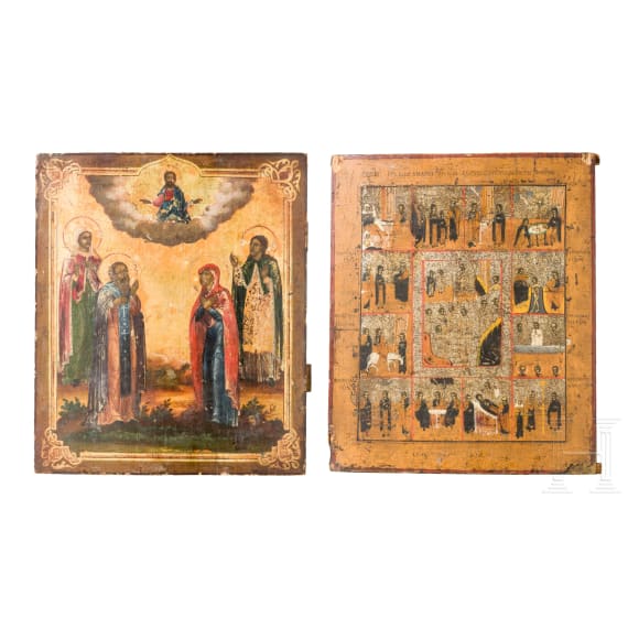 Two Russian icons: a feast icon and an icon with four Saints and Christ Pantokrator, late 19th century