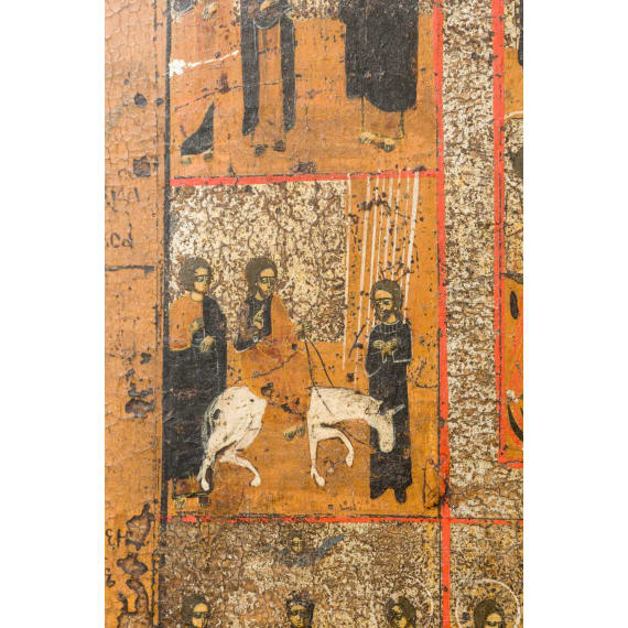 Two Russian icons: a feast icon and an icon with four Saints and Christ Pantokrator, late 19th century