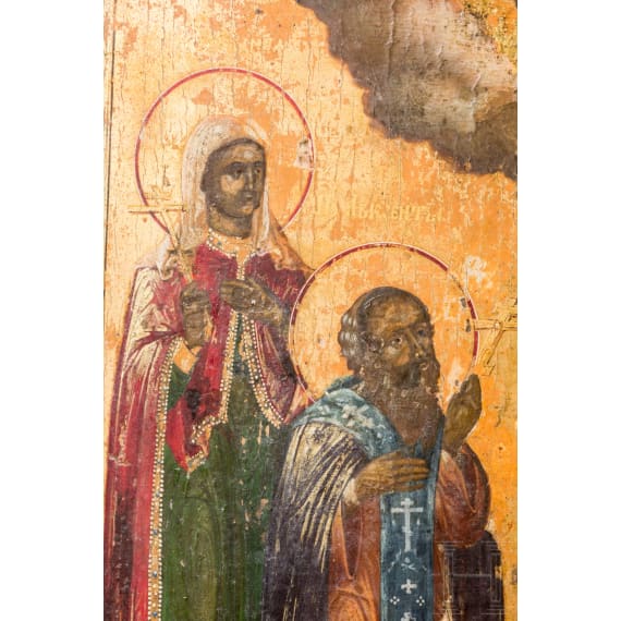 Two Russian icons: a feast icon and an icon with four Saints and Christ Pantokrator, late 19th century