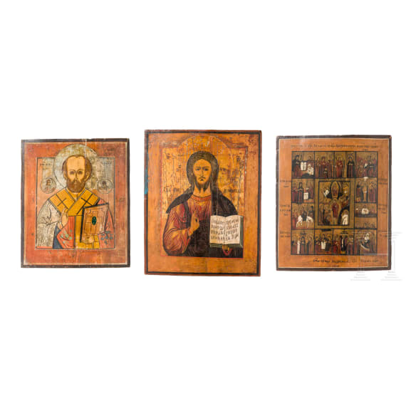 Drei Ikonen: Festtagsikone, Christus Pantokrator und Nikolaus von Myra, Russland, 19. Jhdt.