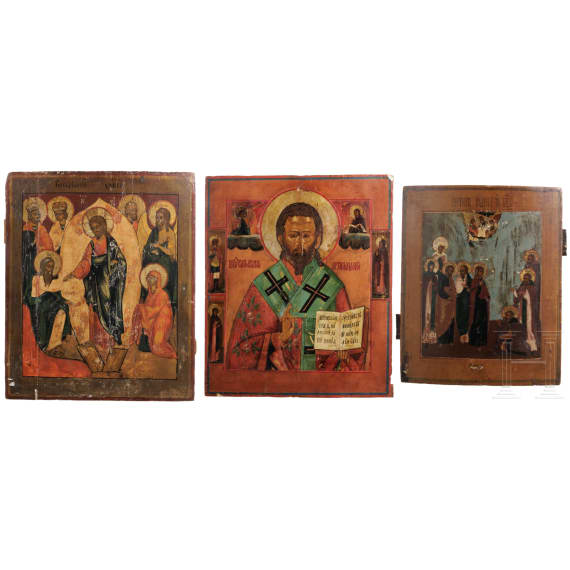 Drei Ikonen - H&ouml;llenfahrt Christi, Heiliger Charalampos und die Gottesmutter erscheint dem Heiligen Sergej von Radonesch, Russland, 19. Jhdt.