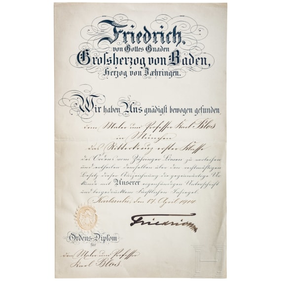 Prof. Karl Blos (1860 - 1941) - Verleihungsurkunde zum Ritterkreuz 1. Klasse des Z&auml;hringer L&ouml;wen, datiert 1914, und Fotos