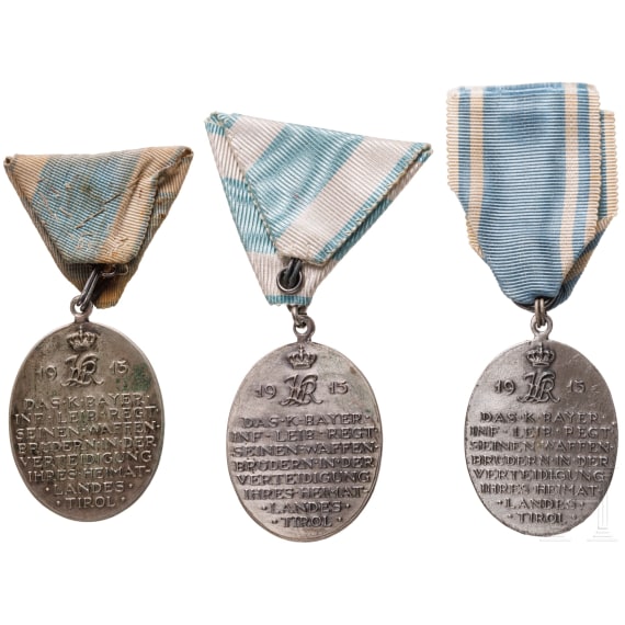 Drei Medaillen des K. B. Infanterie-Leib-Regiments zur Verteidigung Tirols, datiert 1915