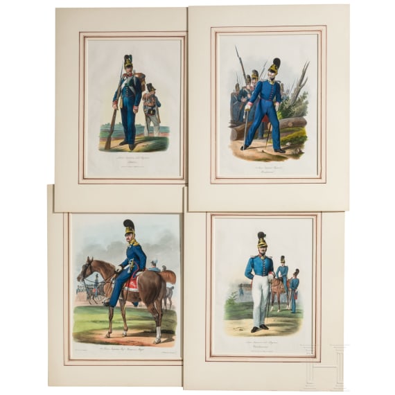 Zw&ouml;lf kolorierte Lithographien von Dietrich Monten aus "Die bayerische Armee nach der Ordonanz im Jahre 1825"