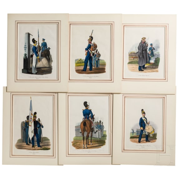 Zw&ouml;lf kolorierte Lithographien von Dietrich Monten aus "Die bayerische Armee nach der Ordonanz im Jahre 1825"