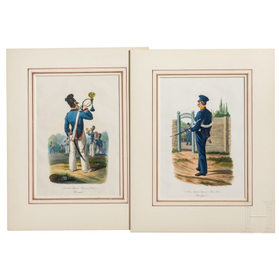 Zw&ouml;lf kolorierte Lithographien von Dietrich Monten aus "Die bayerische Armee nach der Ordonanz im Jahre 1825"
