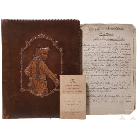 Friedrich der Gro&szlig;e - "Morgenstunden des K&ouml;nigs in Preu&szlig;en", Abschrift des 19. Jhdts. in lederner Schreibmappe mit geschnittener Darstellung des K&ouml;nigs