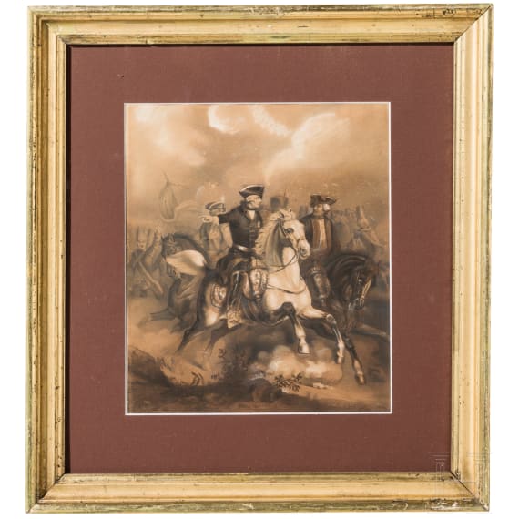Tuschezeichnung &bdquo;Friedrich der Gro&szlig;e auf galoppierendem Pferd", deutsch, 19. Jhdt.