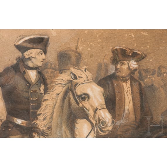 Tuschezeichnung &bdquo;Friedrich der Gro&szlig;e auf galoppierendem Pferd", deutsch, 19. Jhdt.