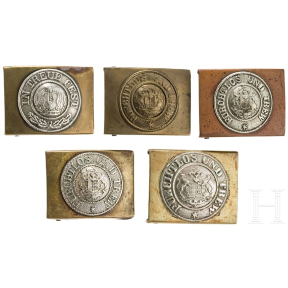 Five belt buckles for enlisted men, circa 1870 - 1918