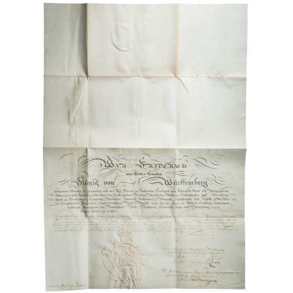 Generalmajor Carl Friedrich von Kerner (1775 - 1840) - patent to Lieutenant 1794 signed by Duke Ludwig Eugen and to General Major 1811 signed by King Friedrich of W&uuml;rttemberg