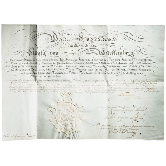 Generalmajor Carl Friedrich von Kerner (1775 - 1840) - patent to Lieutenant 1794 signed by Duke Ludwig Eugen and to General Major 1811 signed by King Friedrich of W&uuml;rttemberg