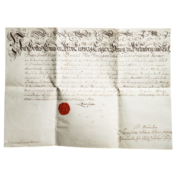 Generalmajor Carl Friedrich von Kerner (1775 - 1840) - patent to Lieutenant 1794 signed by Duke Ludwig Eugen and to General Major 1811 signed by King Friedrich of W&uuml;rttemberg
