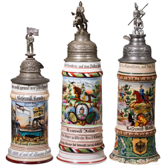 Three reservist mugs, guard dragoons, hunters on horseback and navy, 1905 - 1913