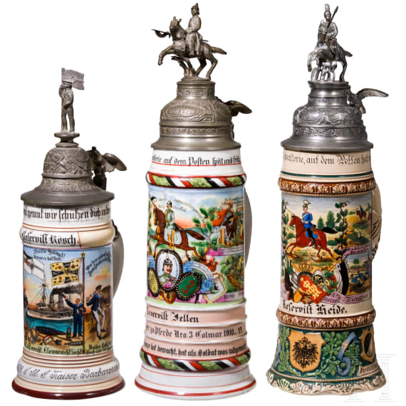 Three reservist mugs, guard dragoons, hunters on horseback and navy, 1905 - 1913