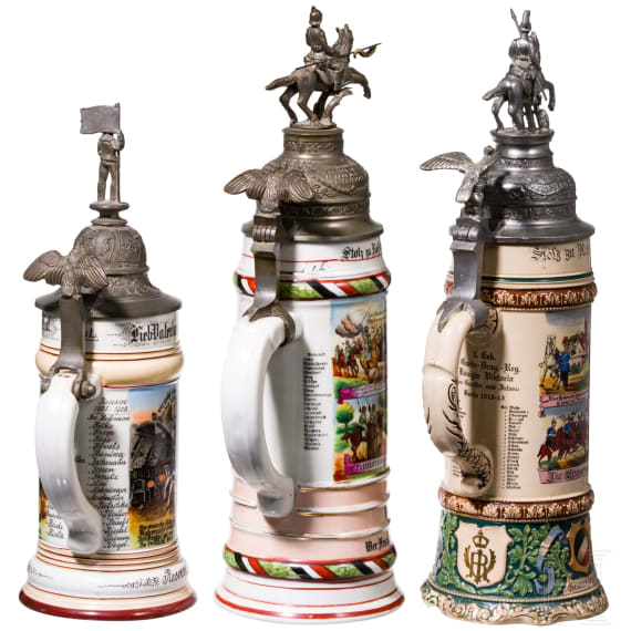 Three reservist mugs, guard dragoons, hunters on horseback and navy, 1905 - 1913
