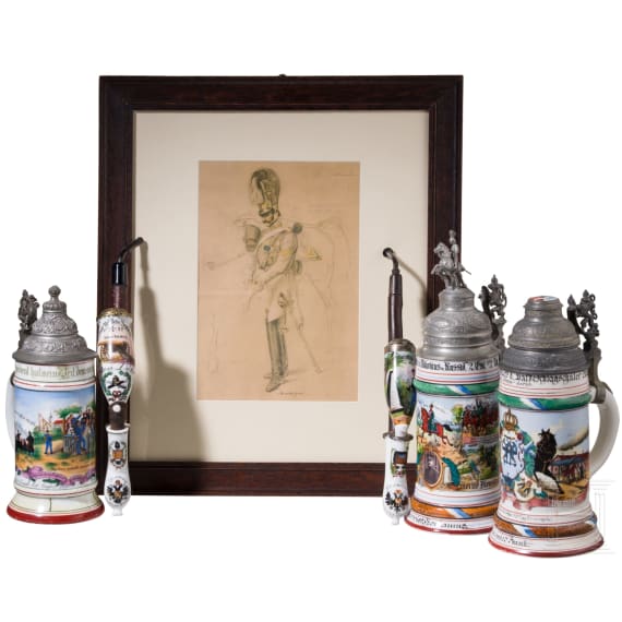 Three Bavarian reservist mugs, two pipes and a print