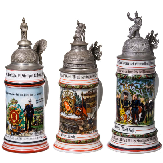 Three reservist mugs, W&uuml;rttemberg Grenadier Rgt. "K&ouml;nigin Olga"
