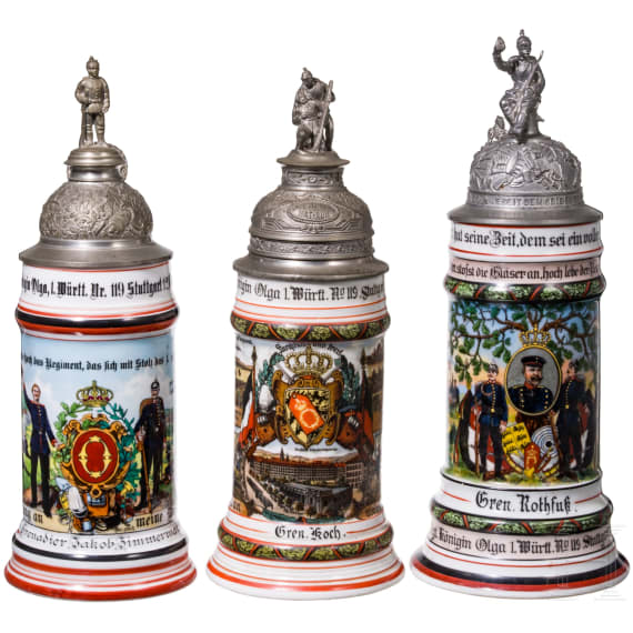 Three reservist mugs, W&uuml;rttemberg Grenadier Rgt. "K&ouml;nigin Olga"
