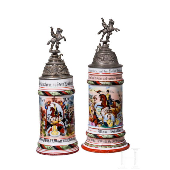 Three reservist mugs of the W&uuml;rttemberg Uhlan Rgt. "King Wilhelm" and a commemorative mug "War Christmas 1915"